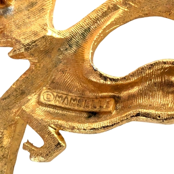 MAMSELLE Signed Flying Crane Gold Brooch Red Jewel Eye - Picture 6 of 12